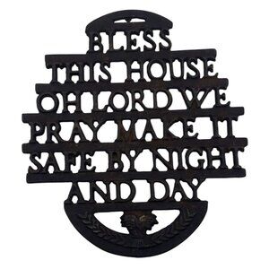 Vintage Cast Iron Trivet Hot Plate Bless This House Oh Lord Prayer Wall Decor